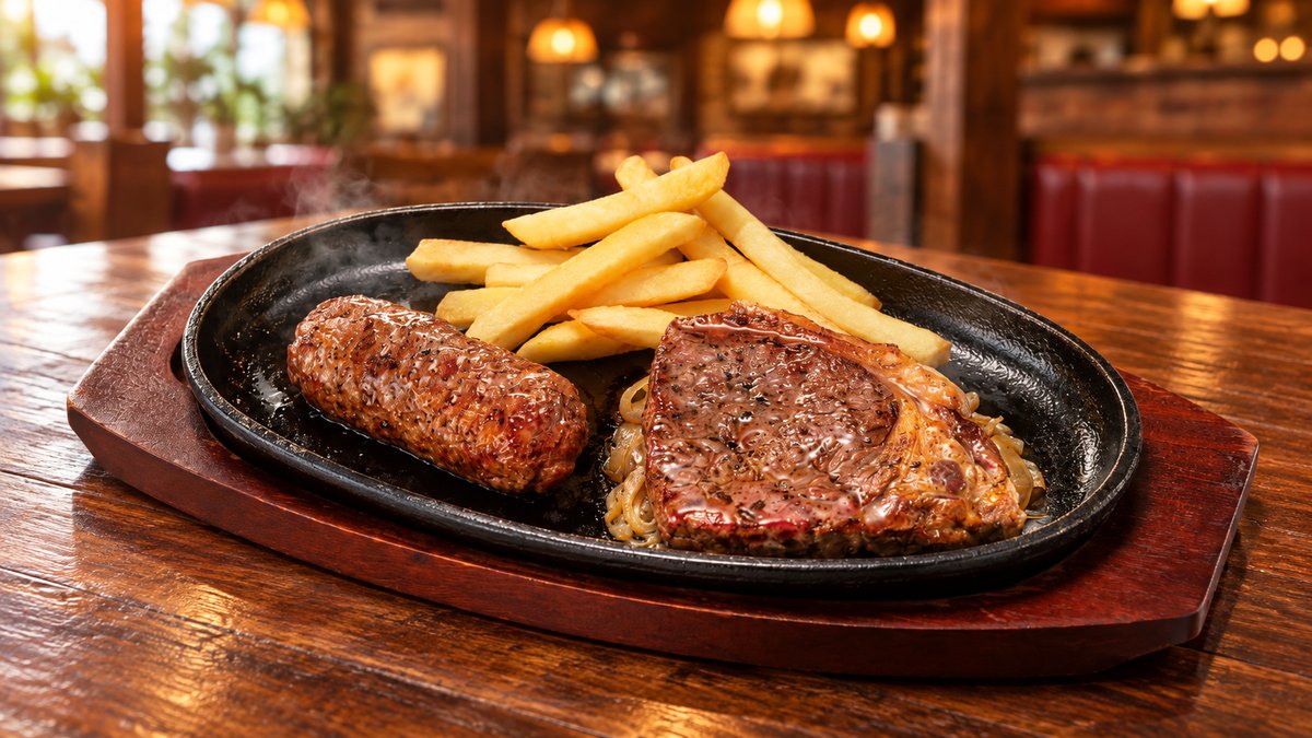 熱々の鉄板に盛られたハンバーグとサーロインステーキ、フライドポテトのイメージ