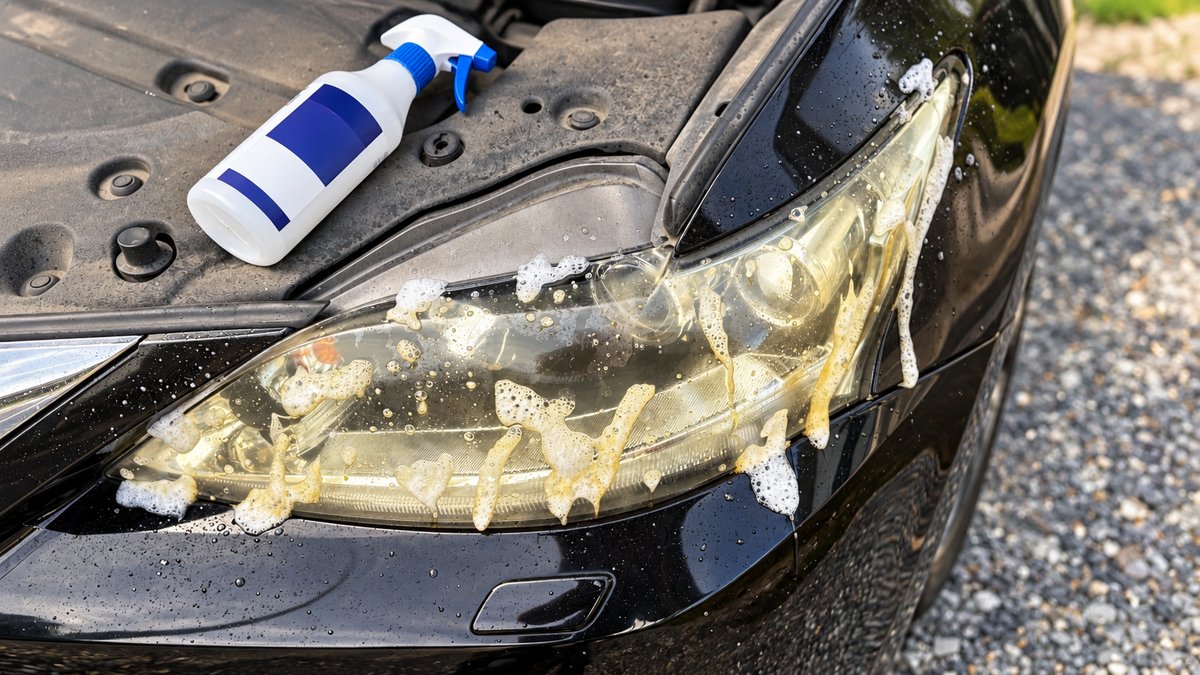 黒い車のヘッドライトに洗浄剤を吹き付け、泡が付いている様子