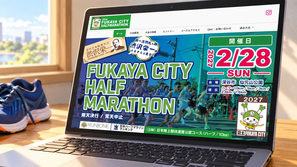 ふかやシティハーフマラソンの大会案内を表示したノートパソコンと、横に置いたランニングシューズ
