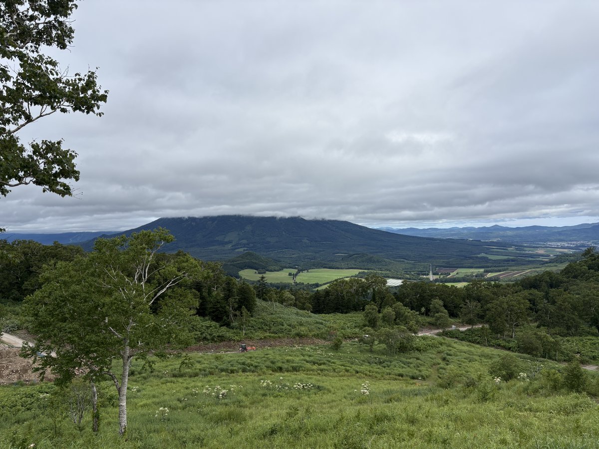 雲に山頂が隠れた山と山麓の緑