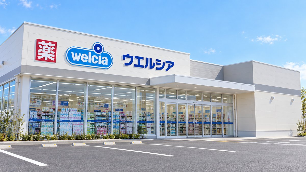青空の下に建つ白い外壁のウエルシア店舗のイメージ