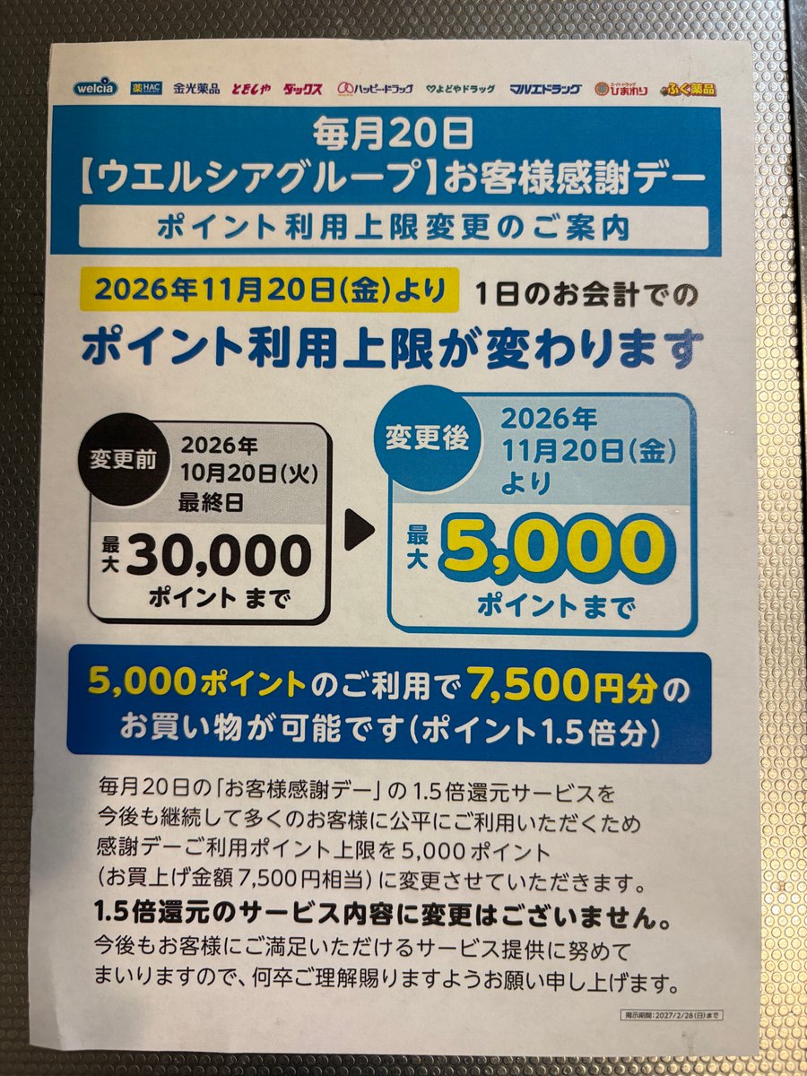 2026年11月20日から感謝デーの利用上限を3万ポイントから5,000ポイントへ変更するウエルシアの店頭案内